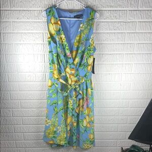 Madison Leigh Sky Blue Lemon Print Wrap Midi Dress